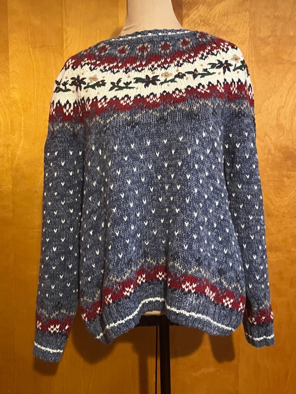 Northern Isles L Blue Patterned Crewneck Sweater with Red/White Fair Isle Accent
